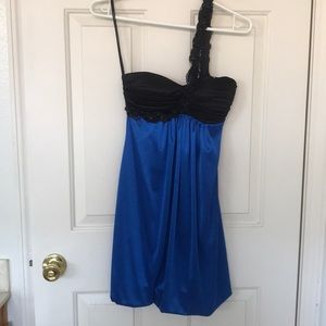 Blue and black part dress with asymmetrical strap